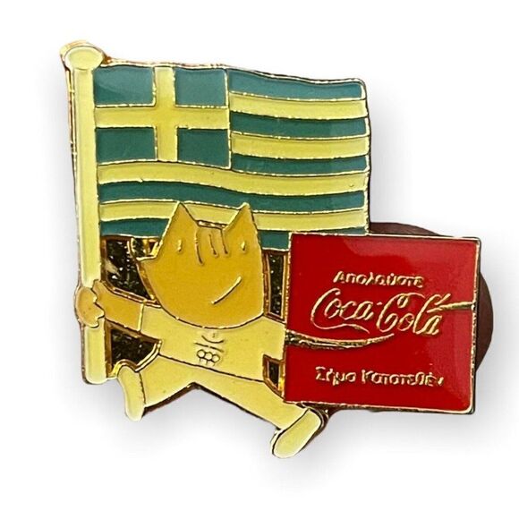 Coca-Cola Vintage 1988 Greece Flag Pin Brooch Gold Tone Olympics Made In Taiwan - Picture 1 of 4